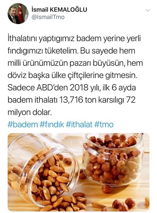 Amerikan bademine 6 ayda 72 milyon $ ödedik
